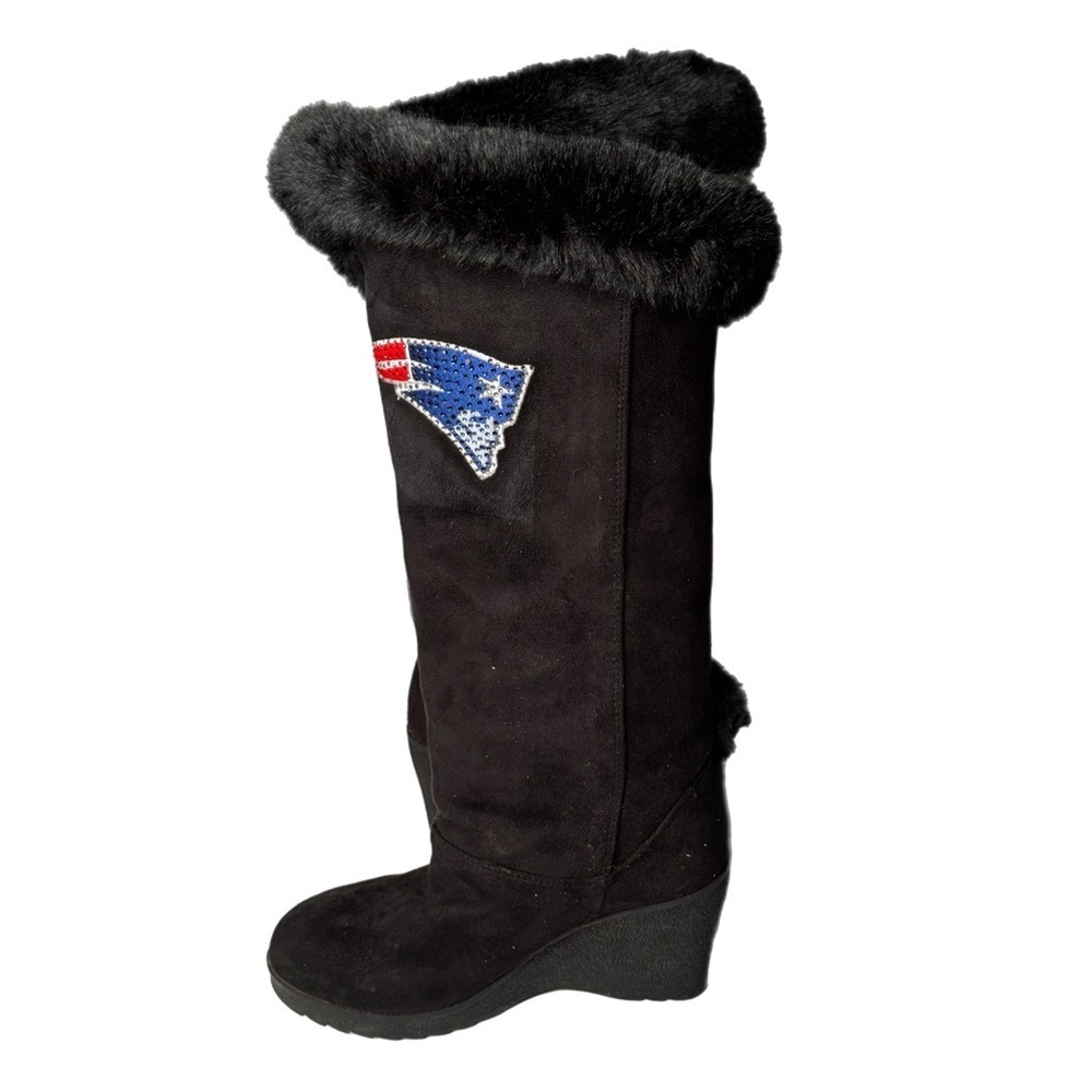 New England Patriots Women's Faux Fur Knee High Wedge Cuce Boots - Black Size 7